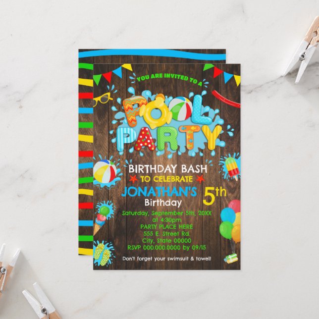 Pool Birthday Party Rubber Duck Primary Colour Woo Invitation (Front/Back In Situ)