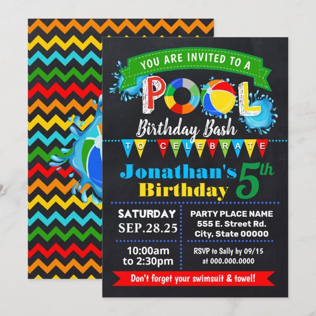 Pool birthday party summer bash chalkboard invitation (Front/Back)