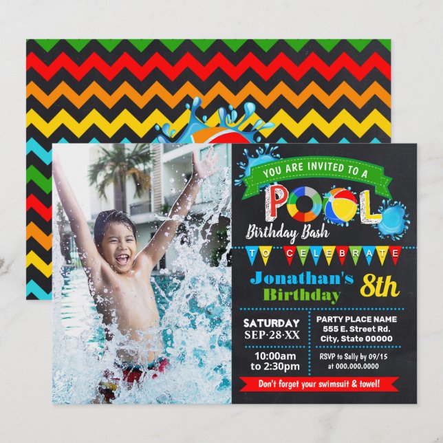 Pool birthday party summer bash chalkboard photo invitation (Front/Back)
