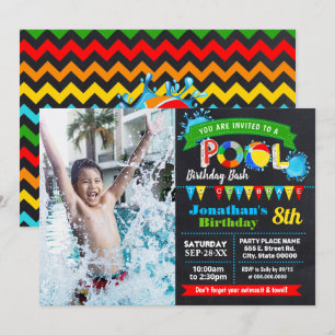 Pool birthday party summer bash chalkboard photo invitation