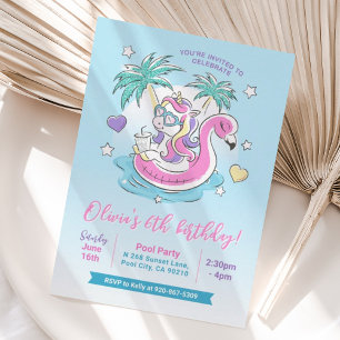 Pool Birthday Party Unicorn Flamingo Tropical Invitation