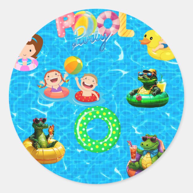 pool birthday party with cute alligators classic round sticker (Front)