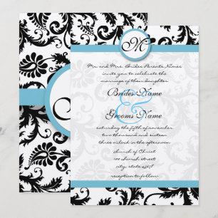 Pool Blue Damask Swirls Wedding Invitation 5 x 7