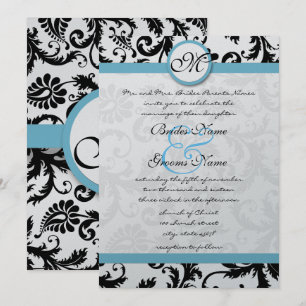 Pool Blue Damask Swirls Wedding Invitation 5 x 7