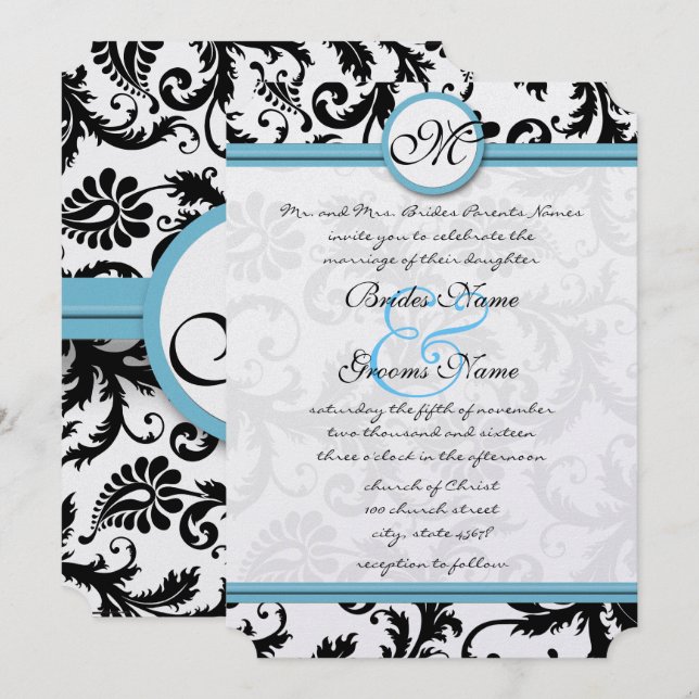 Pool Blue Damask Swirls Wedding Invitation 5 x 7 (Front/Back)
