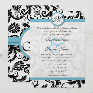 Pool Blue Damask Swirls Wedding Invitation 5 x 7