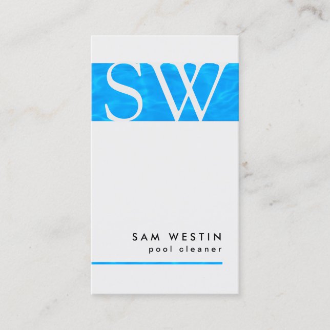 Pool Cleaner Bold Monogram Blue Water BusinessCard Business Card (Front)
