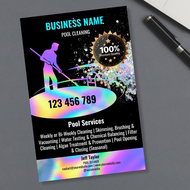 Pool Cleaning Services Pool Maintenance and Repair Flyer (holographic pool guy logo flyer)