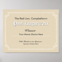 Pool Competition Winner's Certificate Poster