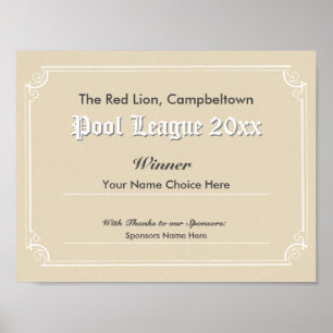 Pool Competition Winner's Certificate Poster