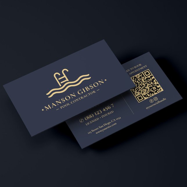 Pool Contractor Dark Navy Modern QR Code Business Card (Pool Contractor Dark Navy Modern QR Code Business Card
)
