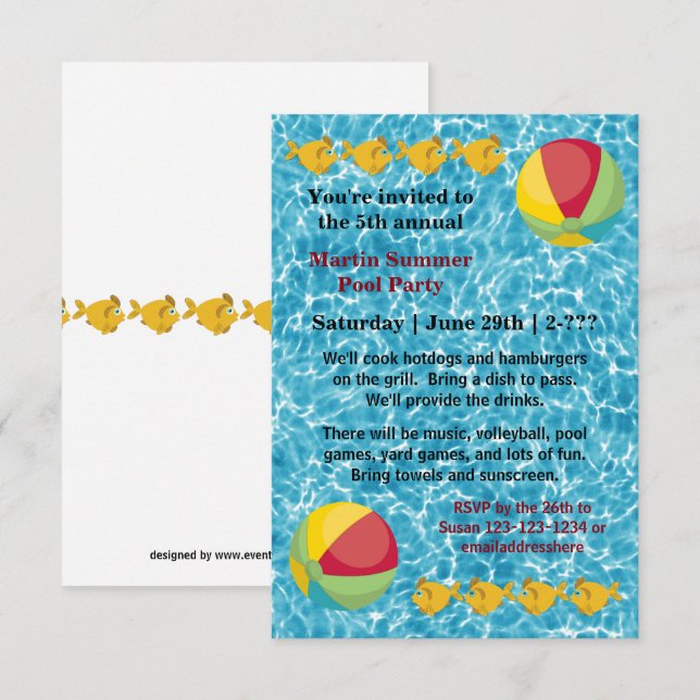 Pool Fish Ball - 3x5 Pool Party Invitation (Front/Back)