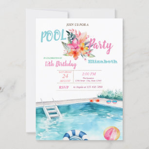 Pool Float Glasses Flowers Birthday Party  Invitation