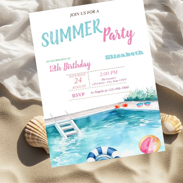 Pool Float Glasses Flowers Summer Birthday Party  Invitation (Creator Uploaded)