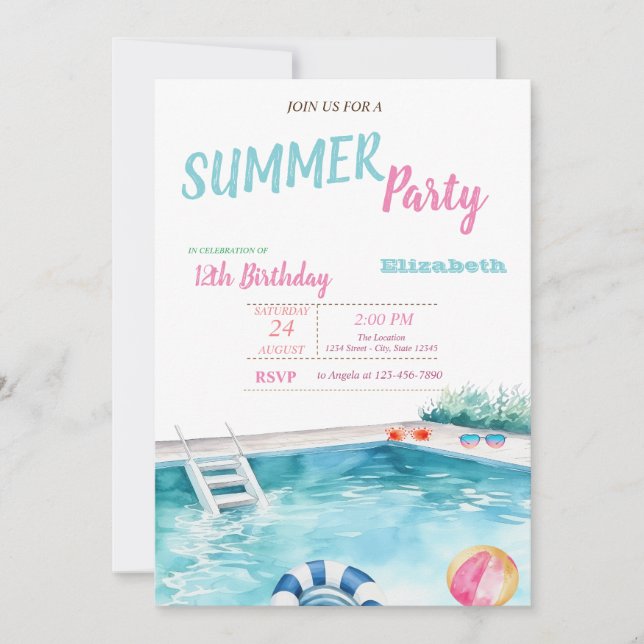 Pool Float Glasses Flowers Summer Birthday Party  Invitation (Front)