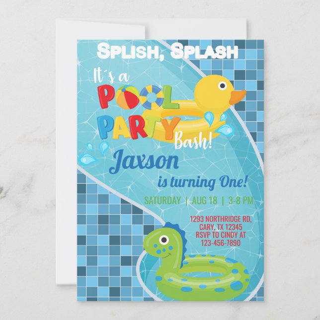Pool floaties boy birthday invitation, pool invite (Front)