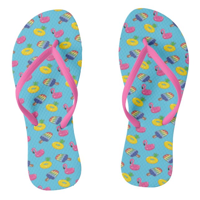 Pool Floats Patterned Bright Blue and Pink Summer Flip Flops (Footbed)