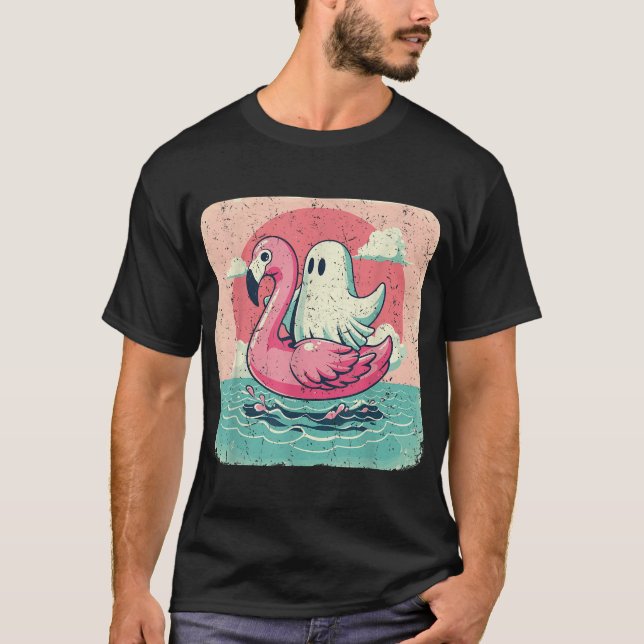 Pool Ghost On A Pink Flamingo Summer Halloween Men T-Shirt (Front)