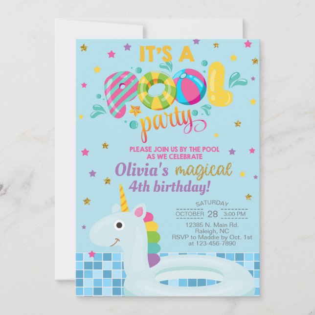 Pool girl birthday invitation, pool unicorn invite (Front)
