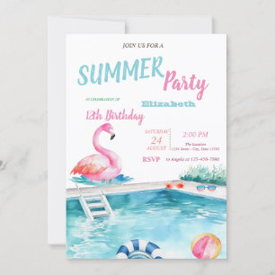 Pool Glasses Flamingos Summer Birthday Party  Invitation