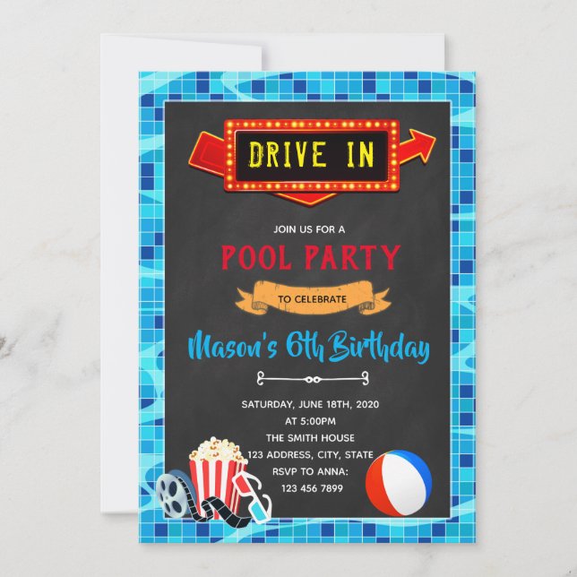 Pool movie drive in Party tem Invitation (Front)