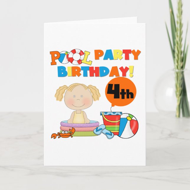 Pool Party 4th Birthday Tshirts and Gifts Card (Front)