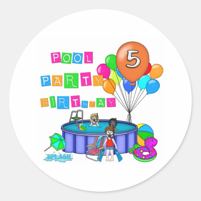 Pool Party 5th Birthday Classic Round Sticker (Front)