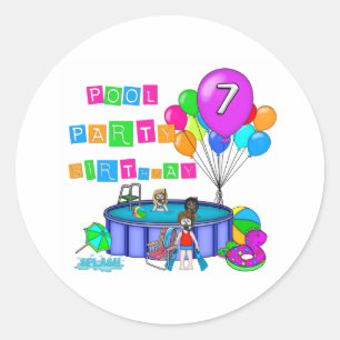 Pool Party 7th Birthday Classic Round Sticker