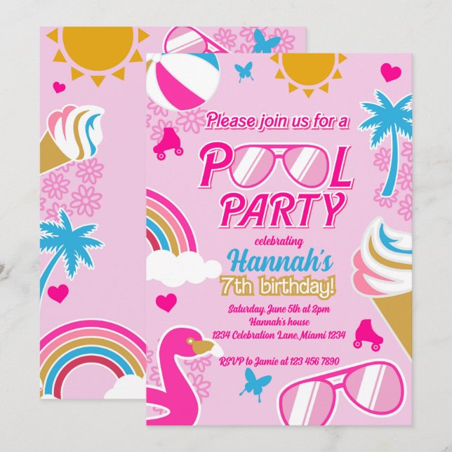 Pool Party 7th Birthday Girl Malibu Doll summer Invitation (Front/Back)