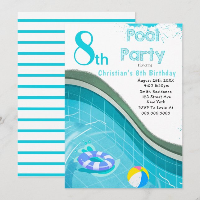 Pool Party 8th Birthday Party Invitations (Front/Back)