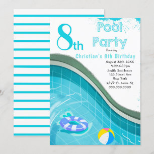 Pool Party 8th Birthday Party Invitations