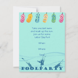 Pool Party and Flip Flops on Blue Background Invitation