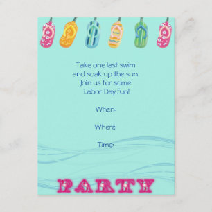 Pool Party and Flip Flops on Blue Wave Background Invitation