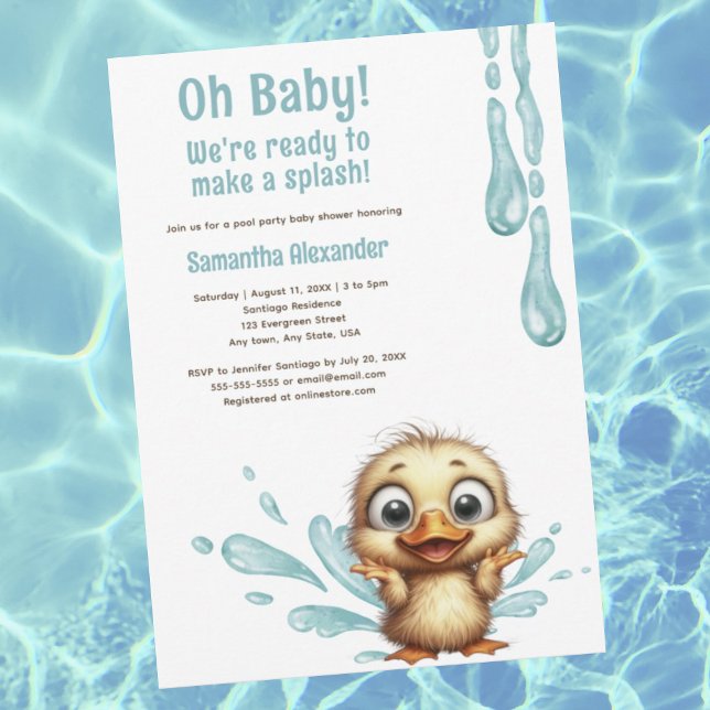 Pool Party baby shower  Invitation (Oh Baby! Pool party baby shower invitation.  Cute baby duck making a splash.  Pool party theme.)