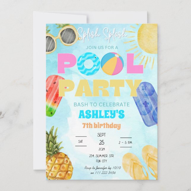 Pool Party Bash Kids Splish Splash Birthday Invitation (Front)