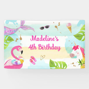 Pool Party Bash Unicorn Mermaid Flamingo Birthday Banner