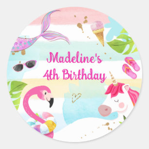 Pool Party Bash Unicorn Mermaid Flamingo Birthday Classic Round Sticker