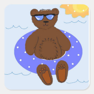 Pool Party Bear Square Sticker