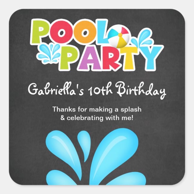 Pool Party Big Splash Thank You Square Sticker (Front)
