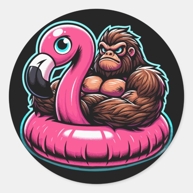 Pool Party Bigfoot Flamingo Classic Round Sticker (Front)