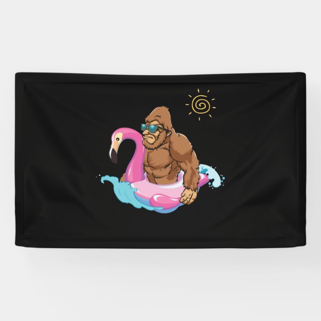 Pool Party Bigfoot Flamingo Sasquatch Pink Float Banner (Horizontal)