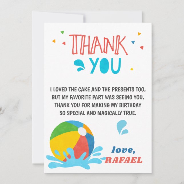 Pool Party Birthday Boy Girl Thank you card (Front)