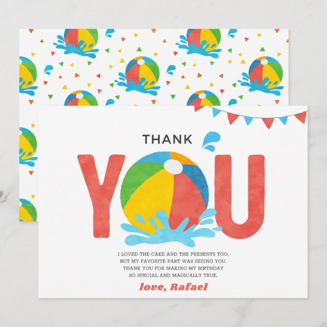 Pool Party Birthday Boy Girl Thank you card (Front/Back)