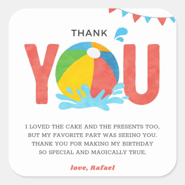Pool Party Birthday Boy Girl Thank you card Square Sticker (Front)
