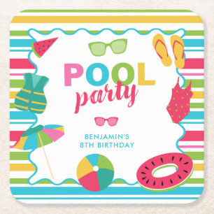 Pool Party Birthday Colourful Summer Kids Cute Square Paper Coaster