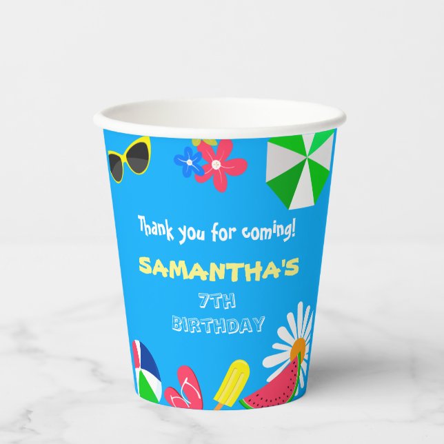 Pool Party Birthday Fun Bright Colours Beach Summe Paper Cups (Front)