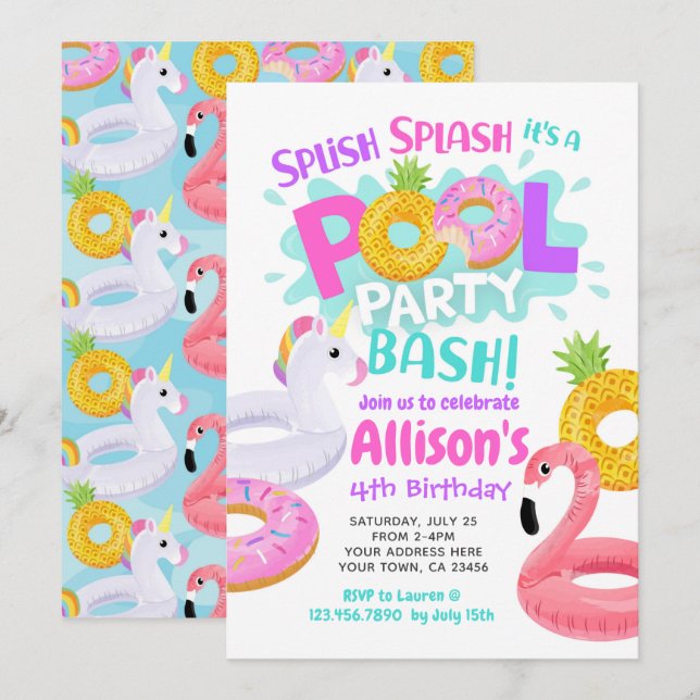 Pool Party Birthday Invitation (Front/Back)