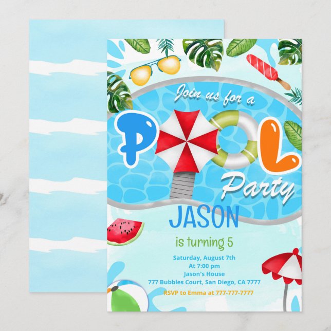 Pool Party Birthday Invitation (Front/Back)