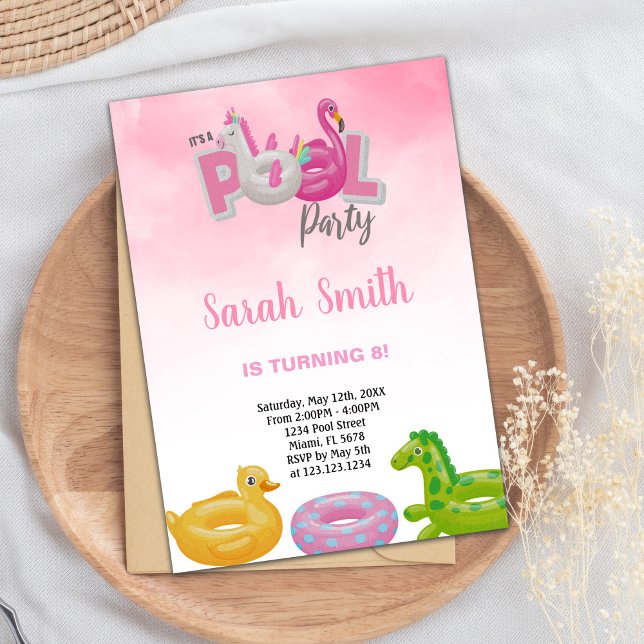 Pool Party Birthday Invitation (Unicorn Flamingo Pool Birthday Invitations)