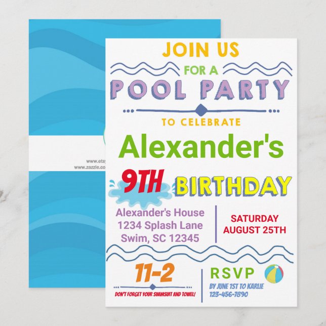 Pool Party Birthday Invitation (Front/Back)
